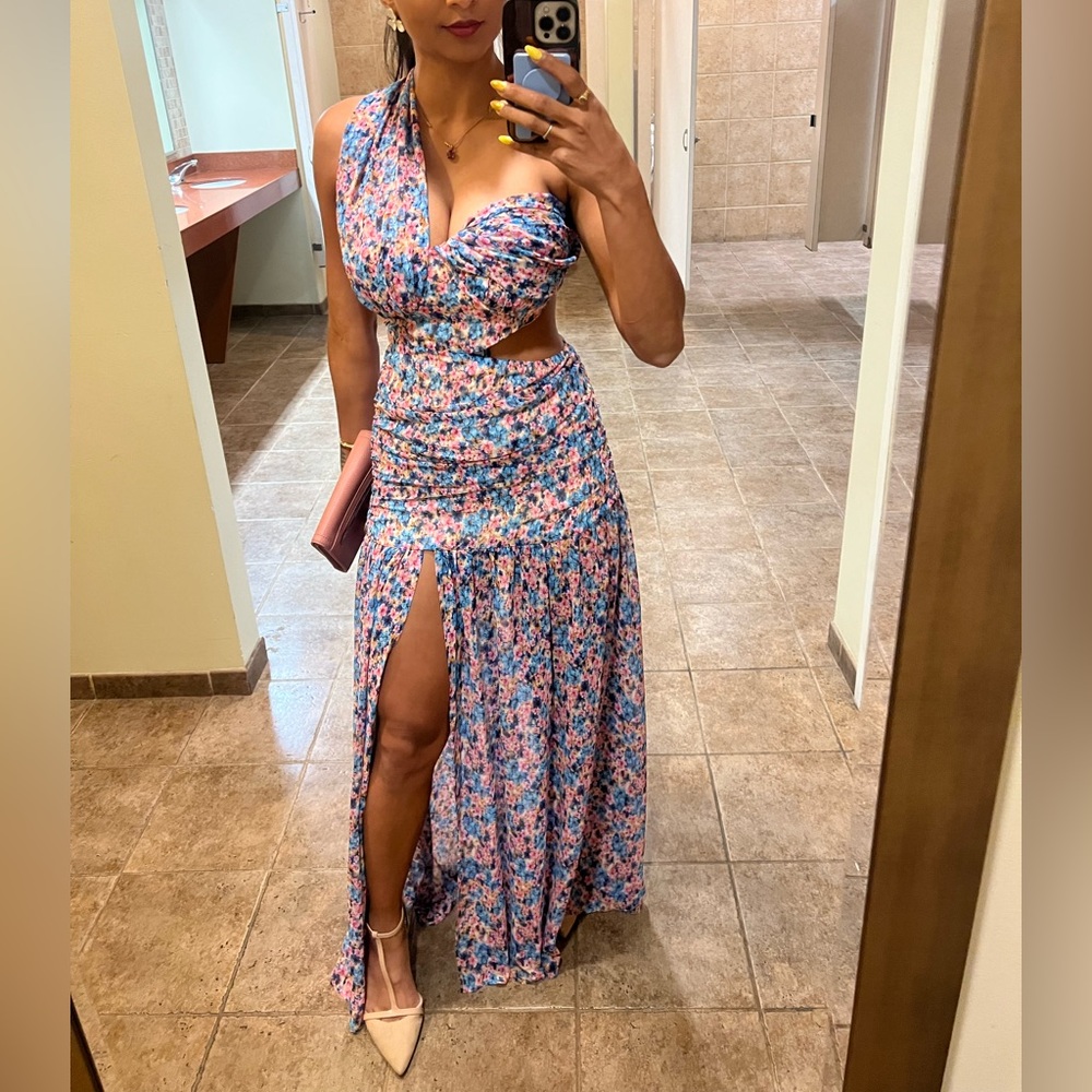 Hello Molly One-Shoulder Floral Dress - Blue and Pink